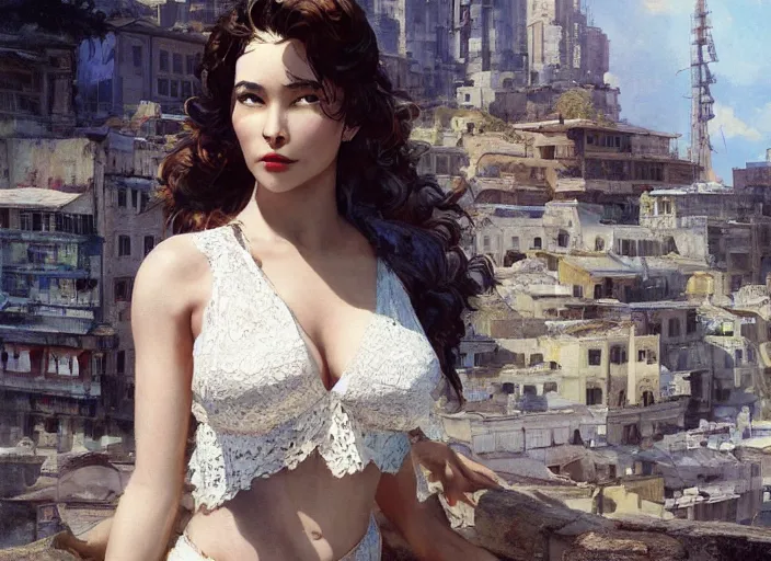 Prompt: painting of a beautiful woman with white flowing lace linen with a greek town in the background by yoji shinkawa frank frazetta, charlie bowater, magali villeneuve, j. c. leyendecker, ray - traced lighting, ultra realistic, detailed,