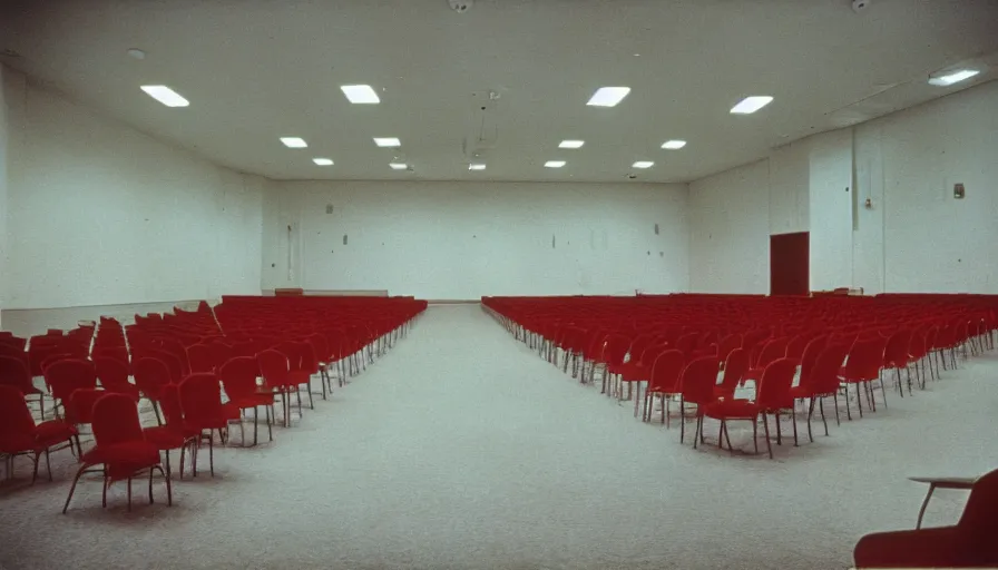 Image similar to 60s movie still of a sovietic stalinist style empty ballroom with chairs and soviet flags, cinestill 800t 50mm eastmancolor, liminal Space style, heavy grain-s 150