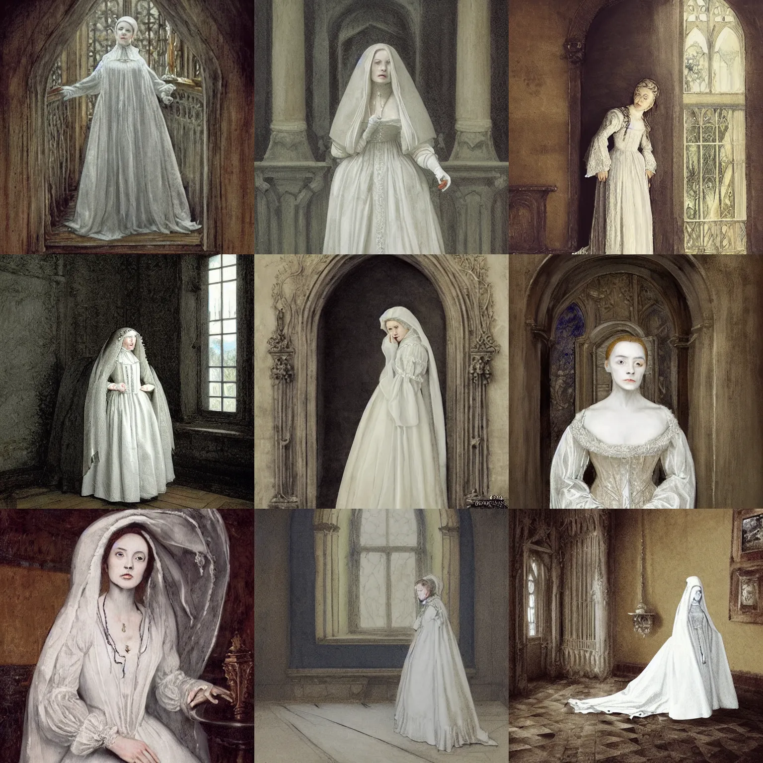 Prompt: ghost of a 16th century lady, dressed in a white, 16th century dress, in a eastern european castle, greyish tones, mystical, atmospheric consept art by Tapiró Baró, Greg Rutkowski and J.Dickenson, inspired by John Everett Millais: The Somnambulist
