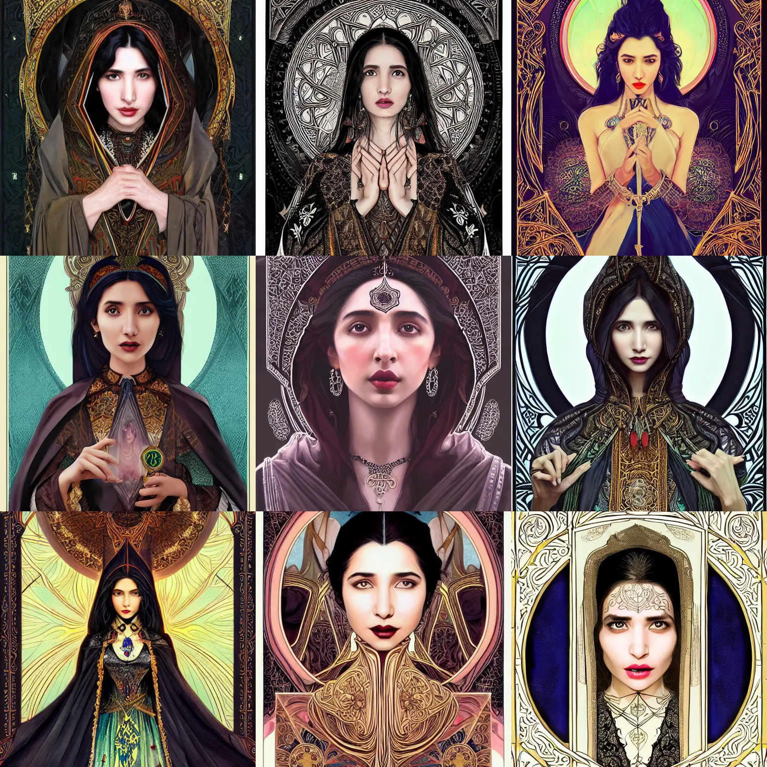 Prompt: head-on symmetrical centered painted portrait, Mahira Khan as a D&D wizard mage, black hair, no hands, ornate mage robes, art nouveau, tarot card style, fantasy, intricate, elegant, highly detailed, smooth, sharp focus, illustration, artstation, in the style of Artgerm and Anna Podedworna and Alex Ross and Mucha