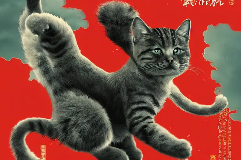 Image similar to cat attacking Tokyo, Swiss design movie poster, masterpiece, masterwork, cgstudio