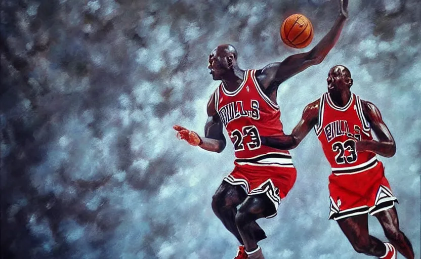 Image similar to beautiful painting of Michael Jordan!!!! playing basketball, NBA Finals, oil painting, masterpiece, highly detailed and ultra realistic, trending on artstation