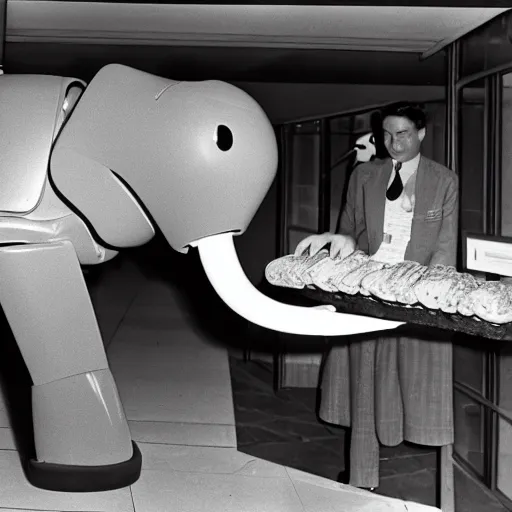 Prompt: Elephantlike robot taking a loaf of bread out of the oven, 1959, black and white photo, world's fair