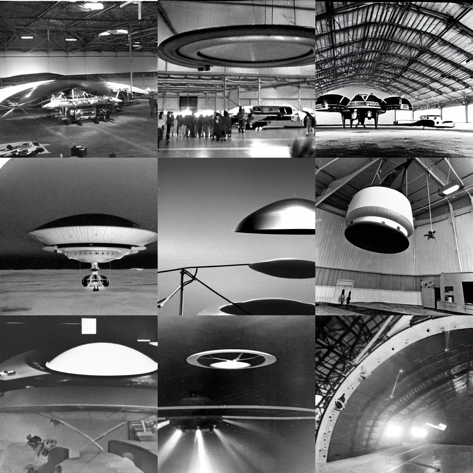 Prompt: Scientists examine UFO in a secret hangar, 1970s, hidden camera, black and white photo