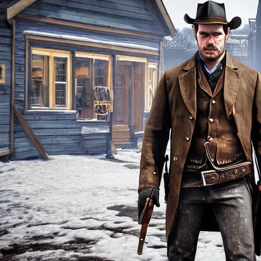 Prompt: arthur from rdr 2 in russia reality nowadays at tolyatti sportivnaia street, cars, snow, buildings photorealism