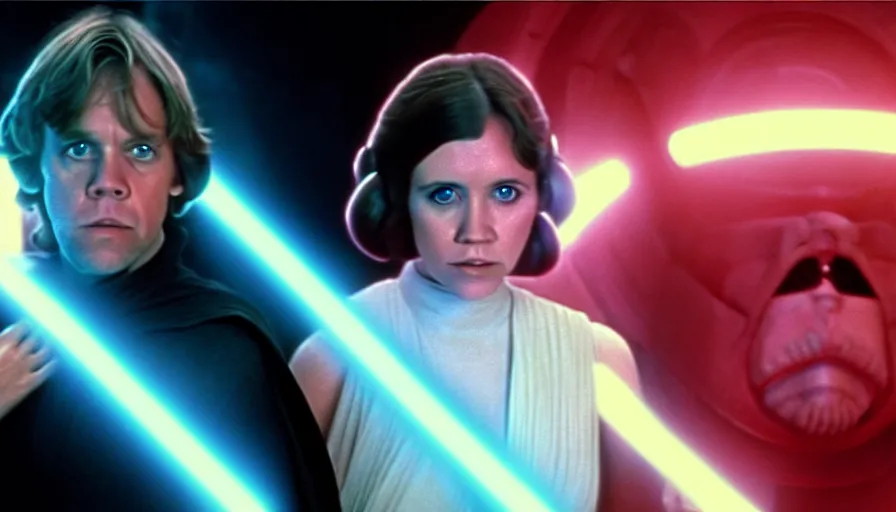 Image similar to screenshot portrait of Luke Skywalker and Princess Leia, facing off against an incredibly haunting female sith lord in white, on a sith planet of purple magic maelstrom, iconic scene from the 1970s sci fi thriller film by Stanley Kubrick, HR Geiger, stunning cinematography, hyper-detailed, sharp, anamorphic lenses, kodak color stock, 4k, stunning