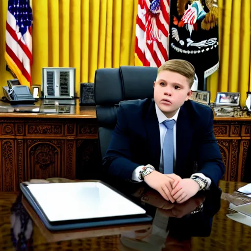 Prompt: professional photograph of yung lean sitting in the oval office desk speaking to a news reporter at night time, 8 k, very detailed, very intricate,