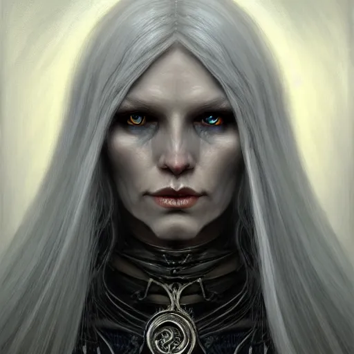 Image similar to portrait painting of a witch elf with long grey hair, sharp focus, award - winning, trending on artstation, masterpiece, highly detailed, intricate. art by seb mckinnon