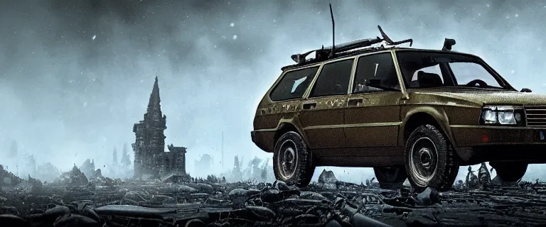 Image similar to Armored and Armed Military Audi 80 B3 Avant (1988) with a mounted M249, Dark Souls 3, Eldritch Horrors, Wretched and Corrupted Knights, a grim fantasy, Anor Londo, dramatic lighting, cinematic, establishing shot, extremely high detail, photorealistic, cinematic lighting, artstation, by simon stalenhag