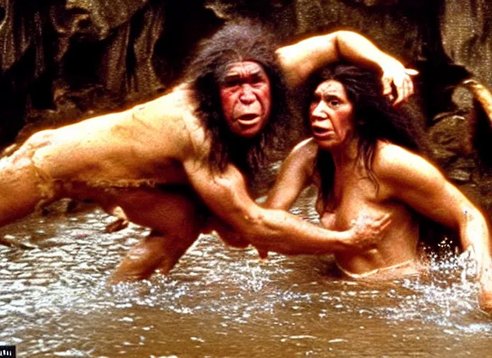 Image similar to a homo sapien cavewoman oil wrestling with a neanderthal cavewoman, movie still photograph taken by richard kern, from the movie clan of the cave bear, 8 k, realistic