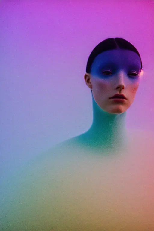 Image similar to high quality pastel coloured film close up wide angle photograph of a model wearing clothing swimming on cloud furniture in a icelandic black rock!! environment in a partially haze filled dreamstate world. three point light, rainbow. photographic production. art directed. pastel colours. volumetric clouds. pastel gradient overlay. waves glitch artefacts. extreme facial clarity. 8 k. filmic.