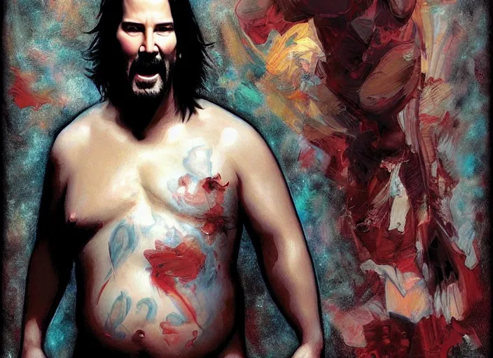 Prompt: extremely fat!!!!! keanu reeves, celebrating, extremely happy, birthday painting, elegant intricate digital painting artstation concept art by mark brooks and brad kunkle detailed