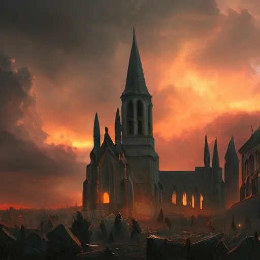 Image similar to powerful epic invasion, gothic church un the middle of the scene, sunset orange clouds, trending artstation