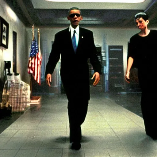 Prompt: film still of obama as Neo in the matrix