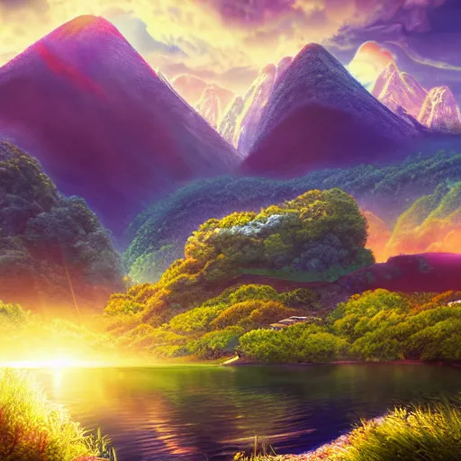 Image similar to mountains, sun, water, japan, anime style art, soft, concept art, intricate details, highly detailed, colorful, photorealistic, disney pixar, octane render, iridescent, anime, 8 k