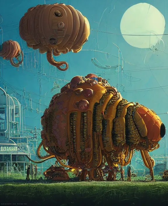 Prompt: inflated industrial plant made from isopod lobster octopus, in the style of puffy spaceship, overgrown with orchids, partly cloudy, spooky, dramatic lighting, by geof darrow, bill sienkiewicz, dan mumford, yusuke murata, makoto shinkai, ross tran, cinematic, unreal engine, cel shaded, featured on artstation, pixiv