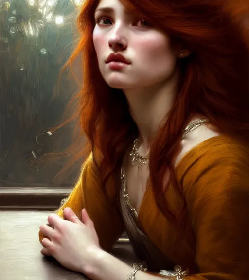 Prompt: portrait of a beautiful auburn - haired woman sitting upon a table with heightened detail, poised, intense emotion, detailed facial expression, detailed surroundings, intricate, elegant, highly detailed, centered, digital painting, artstation, concept art, smooth, sharp focus, illustration, by ( john william waterhouse ), wlop