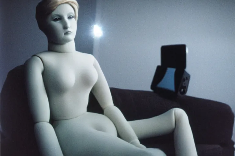 Image similar to an extremely realistic life-sized blow-up doll made of porcelain, model sitting on a deep blue couch, from 1985, bathed in the glow of a television, low-light photograph