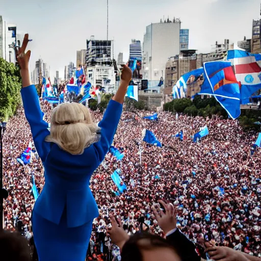 Image similar to Lady Gaga as president, Argentina presidential rally, Argentine flags behind, bokeh, giving a speech, detailed face, Argentina