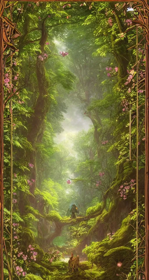 Image similar to A detailed and beautiful tarot card depicting a lush and blooming forest, by Andreas Rocha, by John Frederick Kensett, by Clive Madgwick, featured on deviant art, trending on artstation, #pixelart pixel art pixellated