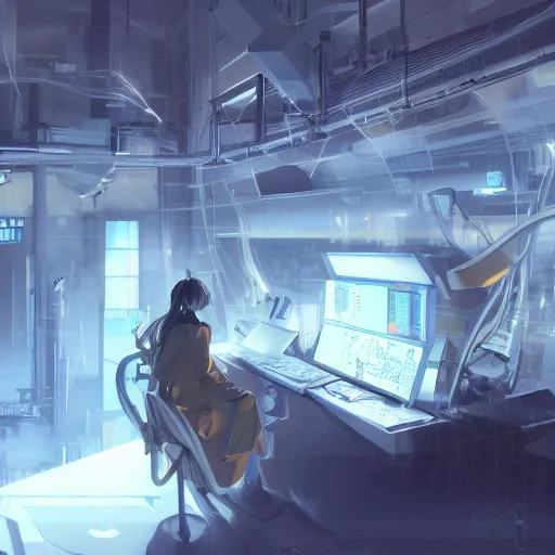 Image similar to in the hightech laboratory full of different advanced metal equipments very high details, volumetric fog, raytracing anime style girl in labcoat, fantastic details, anime art, trending on artstation, pixiv, makoto shinkai key visual kyoto animation studio ghibli tran ross and alphonse mucha and wlop concept art