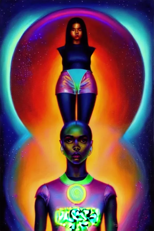 Image similar to patron saint of 🛸🌈👩🏾, futuristic clothing, neon god of city character portrait, in the style of moebius, tom bagshaw, and waterhouse, cinematic lighting, beautiful, elegant, oil painting,