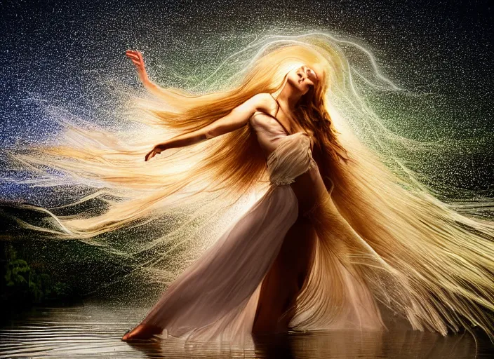 Prompt: an elegant goddess with luminous hair, flowing lightpainting swirling around her, highly detailed, photorealistic, surrounded by lake, reflections, smooth, sharp focus, ultrawide, art by lindsay adler and dani olivier and michael bosanko