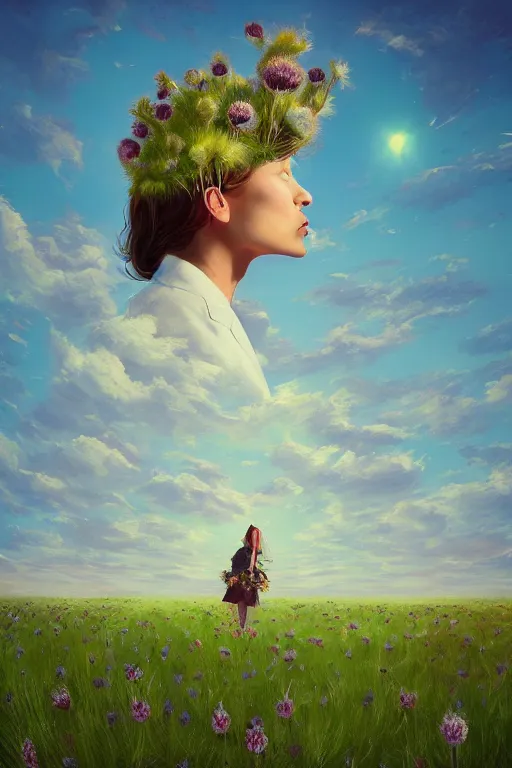 Prompt: portrait, an enormous thistle flower under the head, girl in a suit in field of flowers, surreal photography, sunrise, blue sky, dramatic light, impressionist painting, digital painting, artstation, simon stalenhag