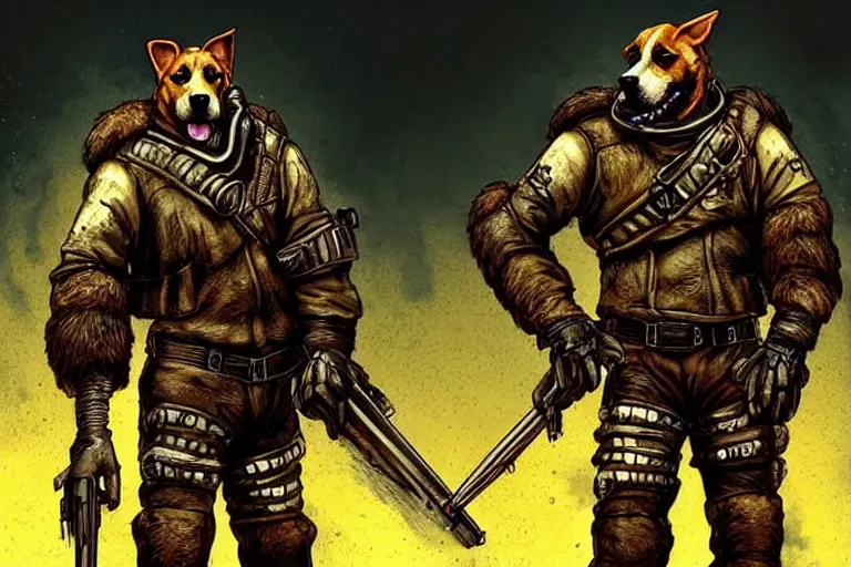 Image similar to a good ol'hound dog fursona ( from the furry fandom ), heavily armed and armored facing down armageddon in a dark and gritty version from the makers of mad max : fury road. witness me.