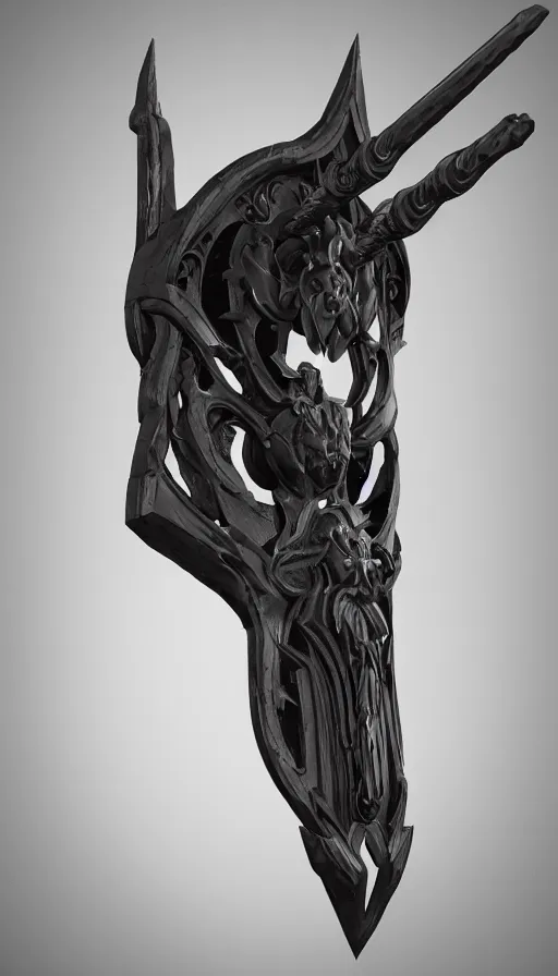 Image similar to a black long sword skull crest, orthographic, ornament, weapon, a 3 d render by dom qwek, front side views full, trending on polycount, artstation, hard surface modeling, rendered in maya, 3 ds max, blender, hd, vray, berserk guts