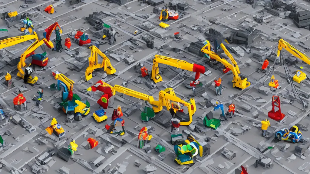 Image similar to a toy construction site, concept art, 3d render, low angle photo