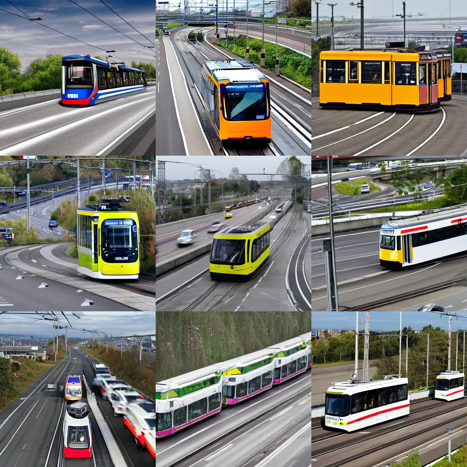 Prompt: a tram on a busy motorway