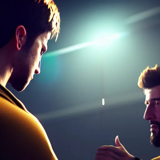 Image similar to two man giving a handshake and petting each other on the shoulder ultra realistic, lens flare, atmosphere, glow, detailed, intricate, full of colour, cinematic lighting, trending on artstation, 4 k, hyperrealistic, focused, extreme details, unreal engine 5, cinematic, masterpiece, ultra realistic, hyper realistic, highly detailed, sharp focus, digital art