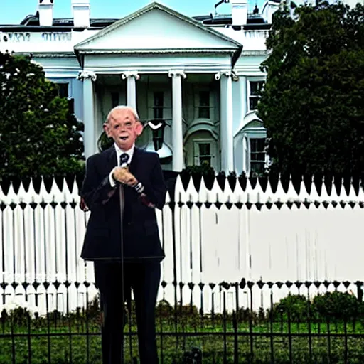 Image similar to president gollum giving a speech in front of the white house