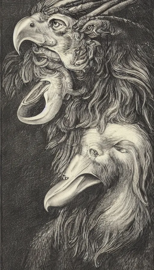 Image similar to a creature with the body and eyes of a man, with the beak of an eagle, the mane of a lion, and the horns of an ox. drawn by francis bacon