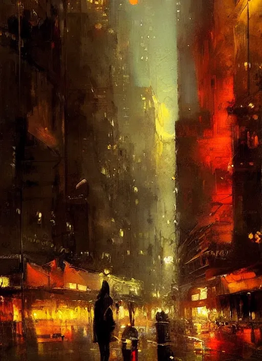 Image similar to a beautiful painting by jeremy mann of a city by night, warm colors