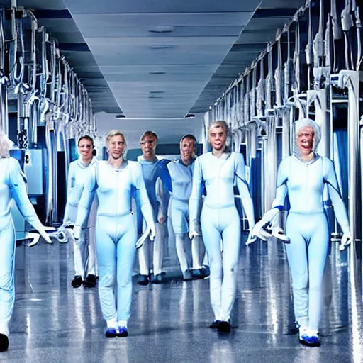 Image similar to troop of identical athletic humans with white hair wearing tight light blue neopren suits, in formation, futuristic chemistry lab, sci - fi, highly detailed, hyperrealistic