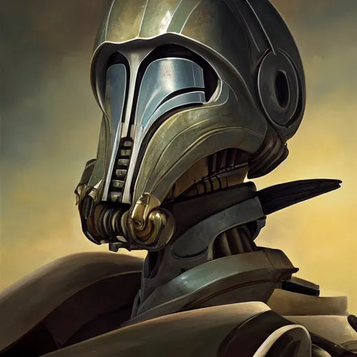 Image similar to General Grievous StarWars, hyperrealism, no blur, 4k resolution, ultra detailed, style of Jonathan Solter, Peter Mohrbacher,Alexander Trufanov, Finnian MacManus