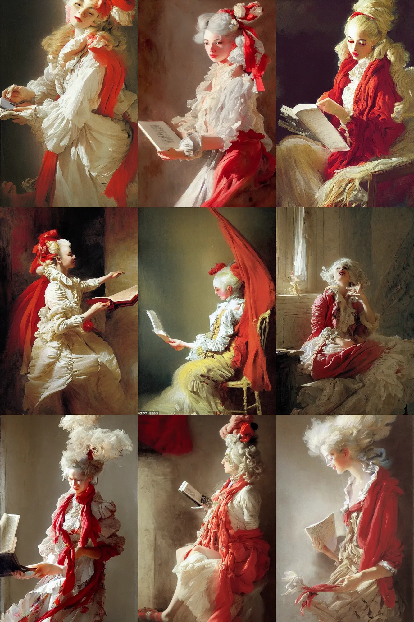 Prompt: a young curator with long light white hair and a red scarf, windy, ribbons, cheerful, modern maximalist harlequin fashion dress, is ( ( reading a book ) ). light dust, magnificent, hyperdetailed, theatrical, painted by jean honore fragonard and greg rutkowski