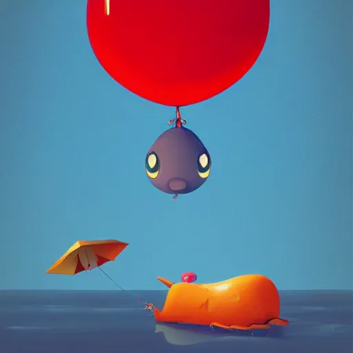 Image similar to blue whale with cute big eyes attached to colorfull balloons, artwork by goro fujita,