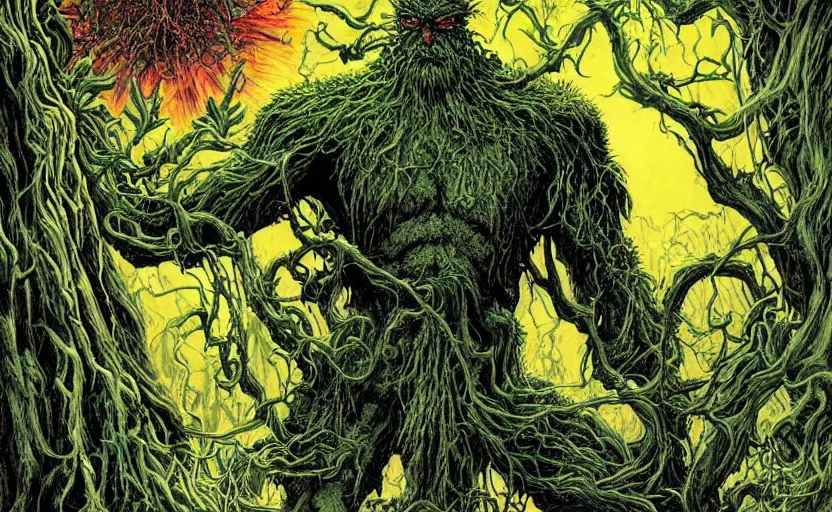 Prompt: a gorgeous hyper detailed semi symmetrical splash page DC comics color illustration of Swamp Thing going into the green having a transcendent psychedelic experience communicating with the elemental gods by John Totleben