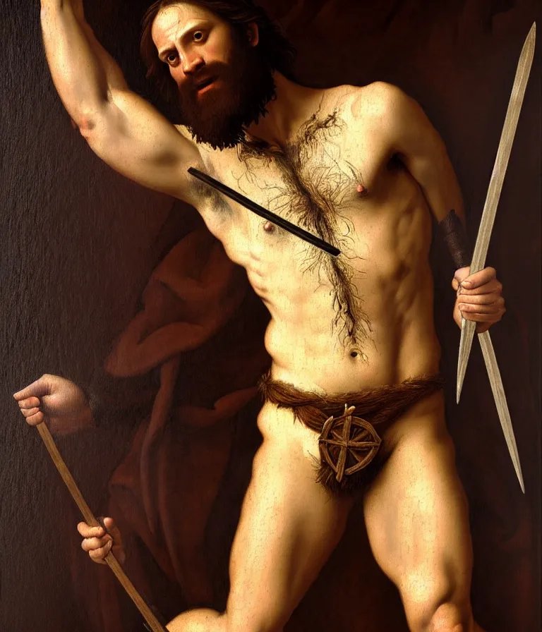 Image similar to renaissance painting full body portrait of a gruff ranger with a spear, lean and toned, handsome face, hairy chest and hairy body, D&D, intricate, elegant, highly detailed, digital painting, artstation, concept art, matte, sharp focus, chiaroscuro, well list, illustration, art by da Vinci, Artgerm and Greg Rutkowski and Alphonse Mucha