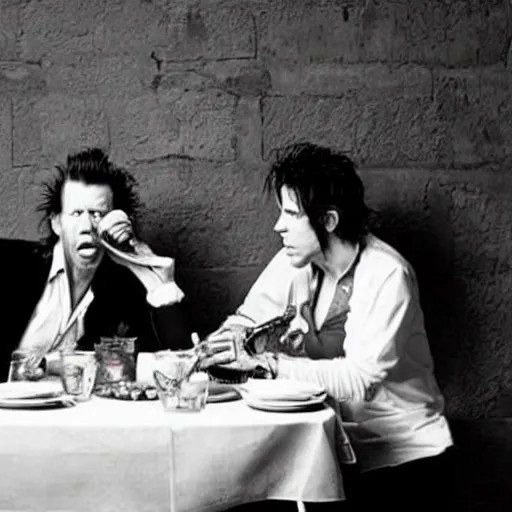 Image similar to tom waits, shane mcgowan and nick cave eat dinner together