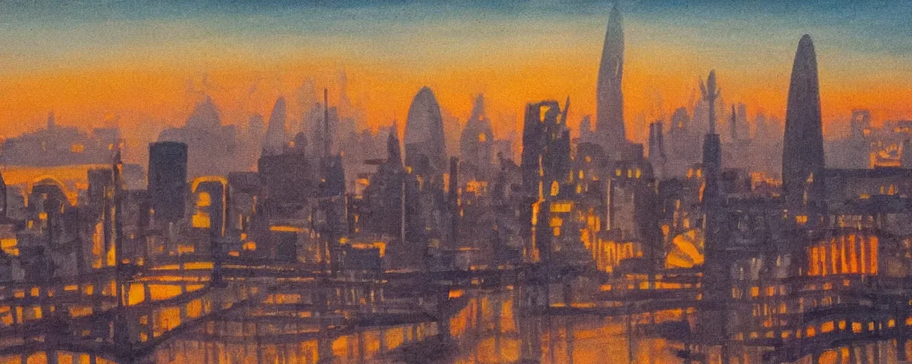 Prompt: an Art Deco painting of a sunset through a London cityscape