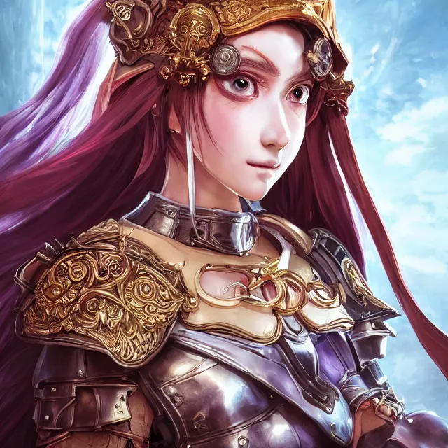 Image similar to studio portrait of lawful good colorful female holy shield paladin as absurdly beautiful, elegant, young sensual anime girl, ultrafine hyperrealistic detailed face illustration by kim jung gi, irakli nadar, intricate linework, sharp focus, bright colors, matte, octopath traveler, final fantasy, unreal engine highly rendered, global illumination, radiant light, intricate environment