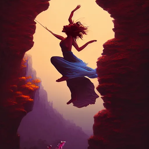 Image similar to the fool tarot card, a maiden dances on the edge of a cliff with a little dog barking beside her, 8 k resolution digital painting, cinematic lighting, deviantart artstation, by alena aenami, by michael whelan, bokeh, behance hd