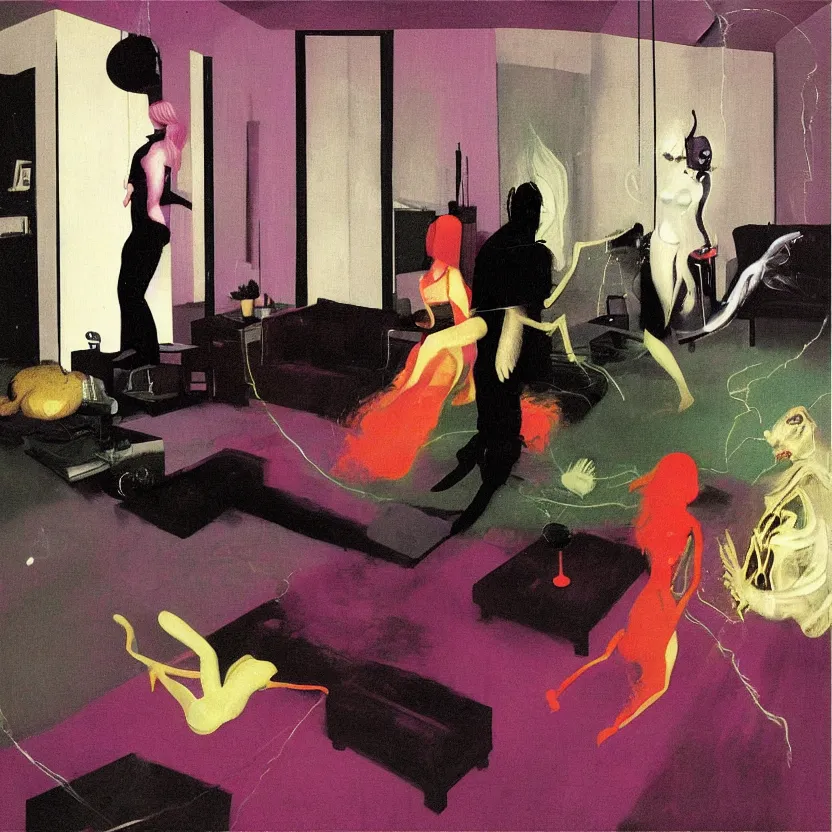 Prompt: Man and woman start to bounce in a living room of a house, floating dark energy surrounds the middle of the room. There is one living room plant to the side of the room, surrounded by a background of dark cyber mystic alchemical transmutation heavenless realm, cover artwork by francis bacon and Jenny seville, midnight hour, part by adrian ghenie, part by jeffrey smith, part by josan gonzales, part by norman rockwell, part by phil hale, part by kim dorland, artstation, highly detailed