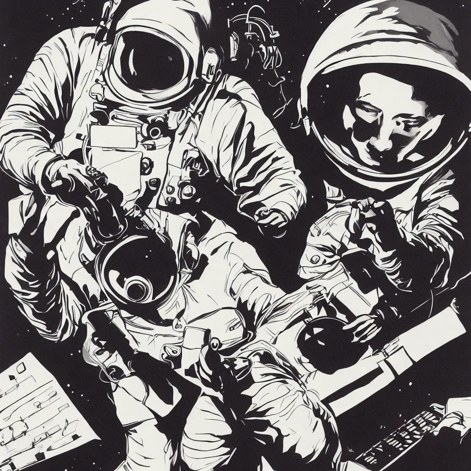 Image similar to astronaut with headphone playing keyboard, illustrated by alex ross