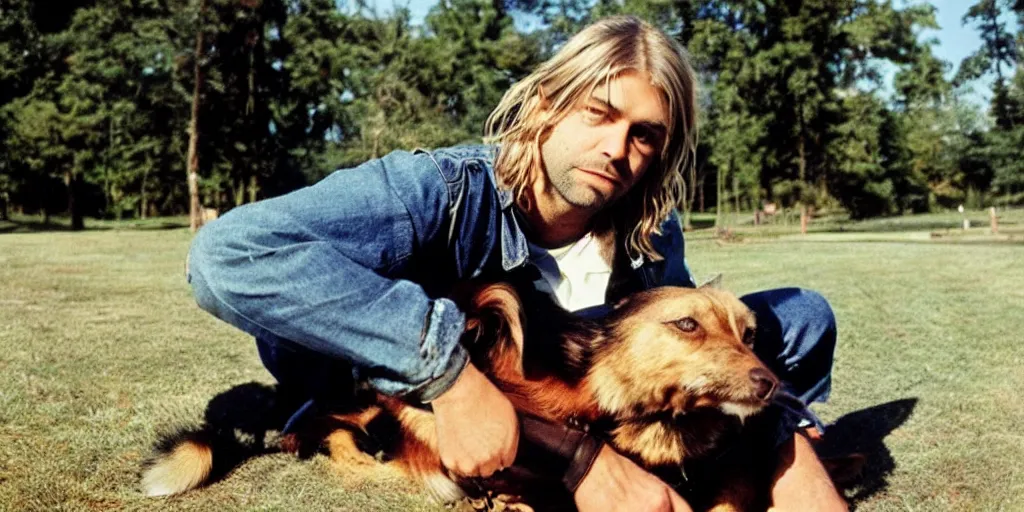 Prompt: kurt cobain at a dog park