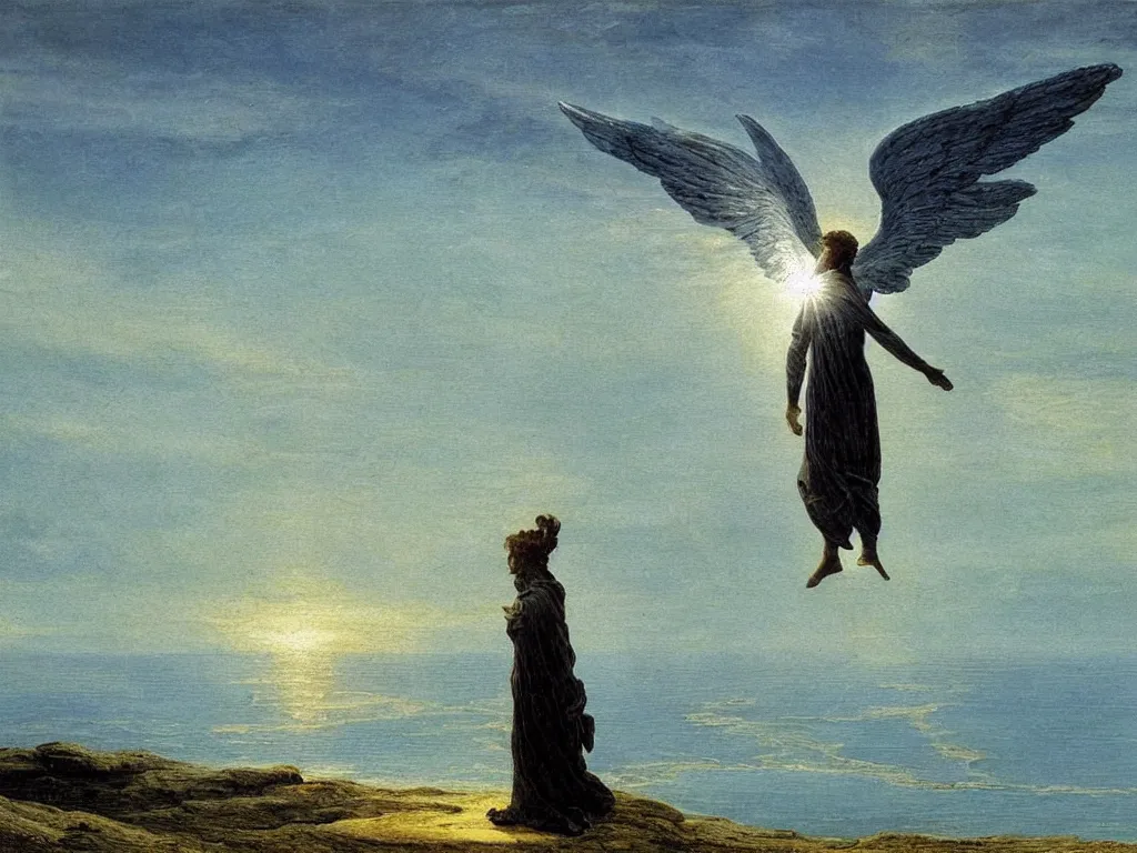 Prompt: thrones angel in the sky flying on the sea painted by caspar david friedrich
